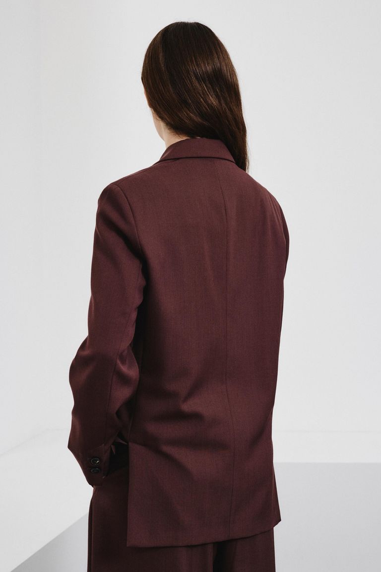 Veste double boutonnage en gabardine de laine technique mauve