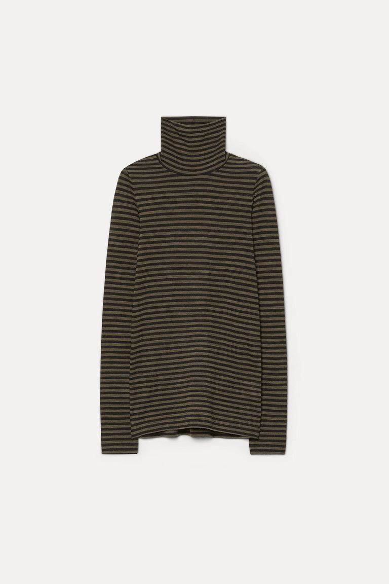 T-shirt a collo alto in jersey rigato di lana