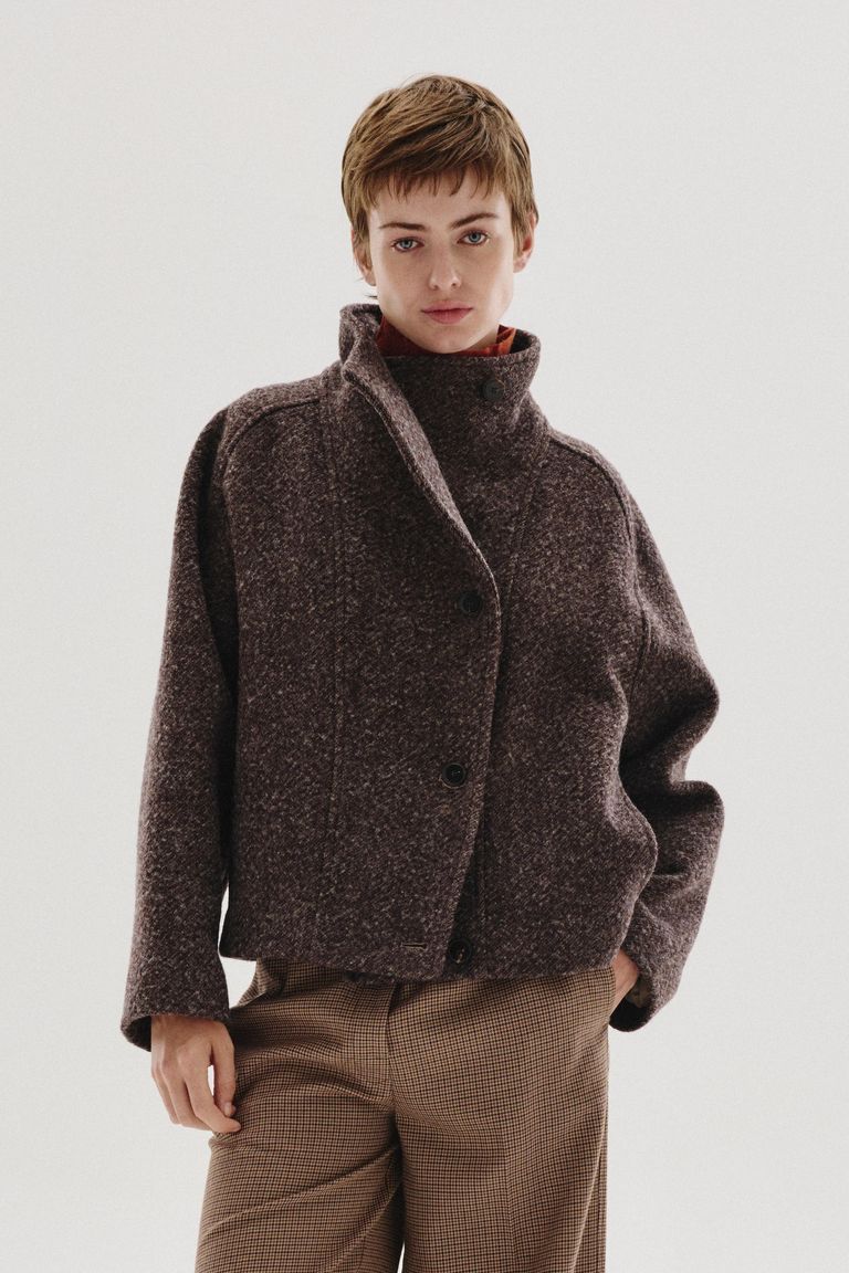 Veste à col haut en drap de laine et coton chiné