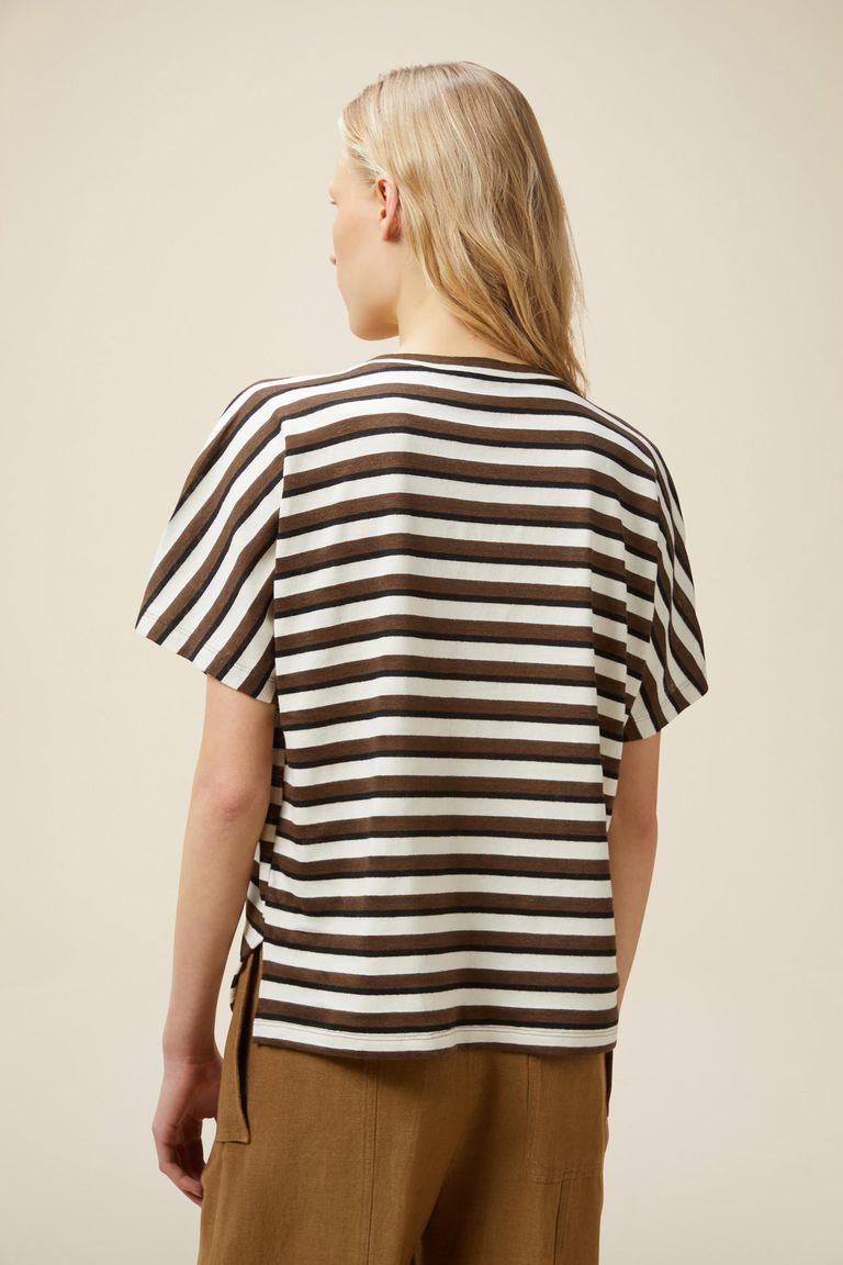 T-shirt rigata in jersey di lino e cotone marrone
