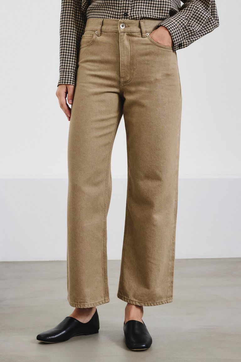 Pantalone 5 tasche straight in bull di cotone e lyocell delavè salvia