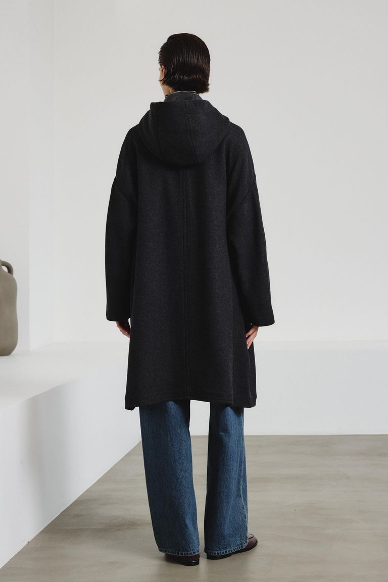 Hooded coat in felted wool cloth