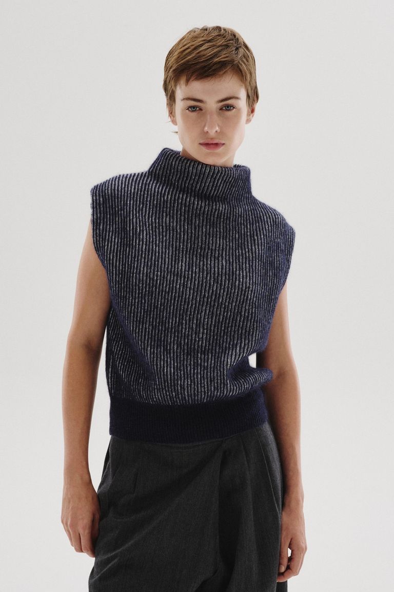 Gilet sans manches en alpaga et laine vanisé bleu marine