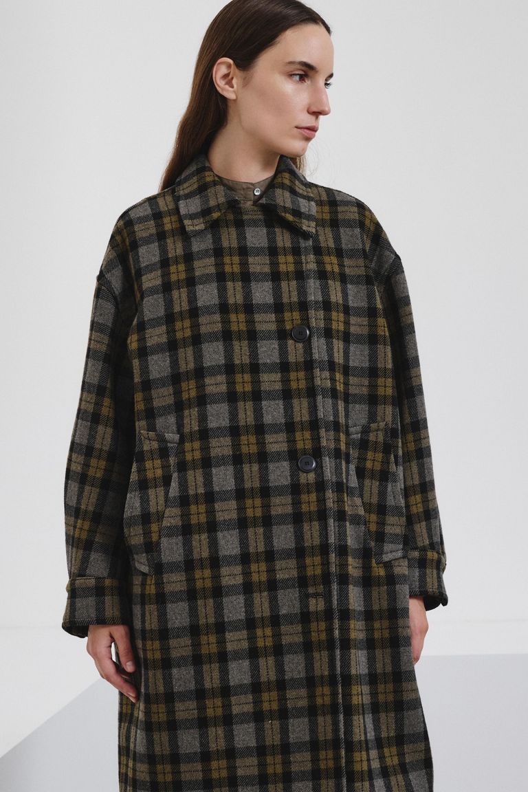 Tartan wool cloth coat military green