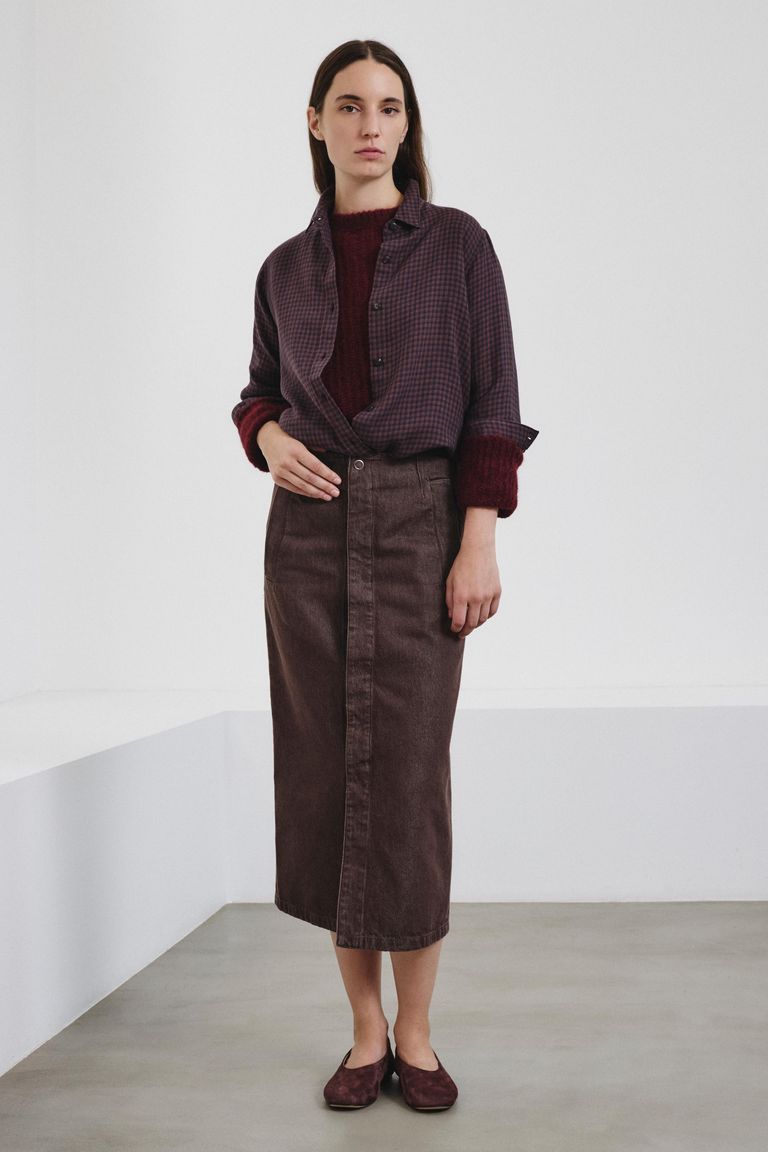 Faded cotton and lyocell bull denim skirt