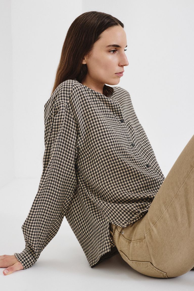 Vichy check flannel shirt with band collar cream