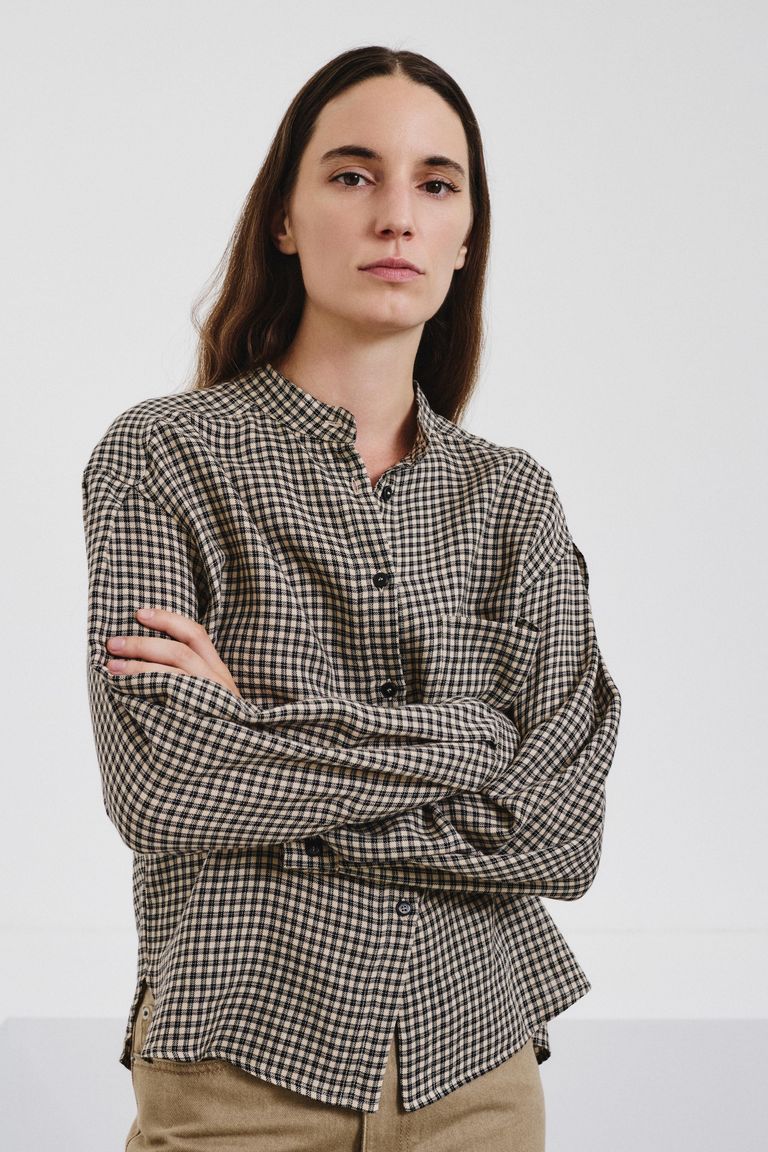 Vichy check flannel shirt with band collar cream