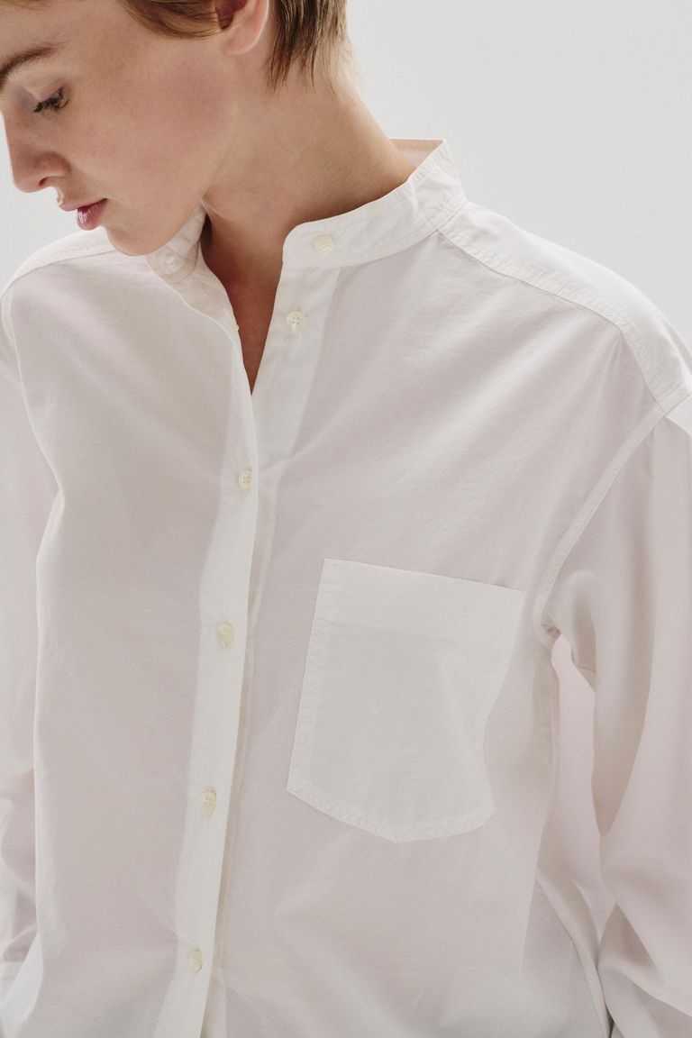 Habutai silk and cotton shirt with band collar optical white