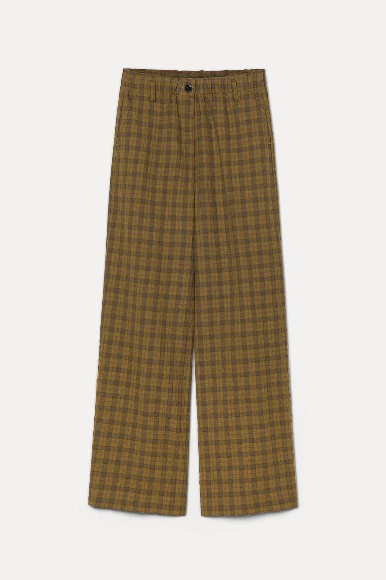 Pantalone in flanella check di cotone e lana mostarda