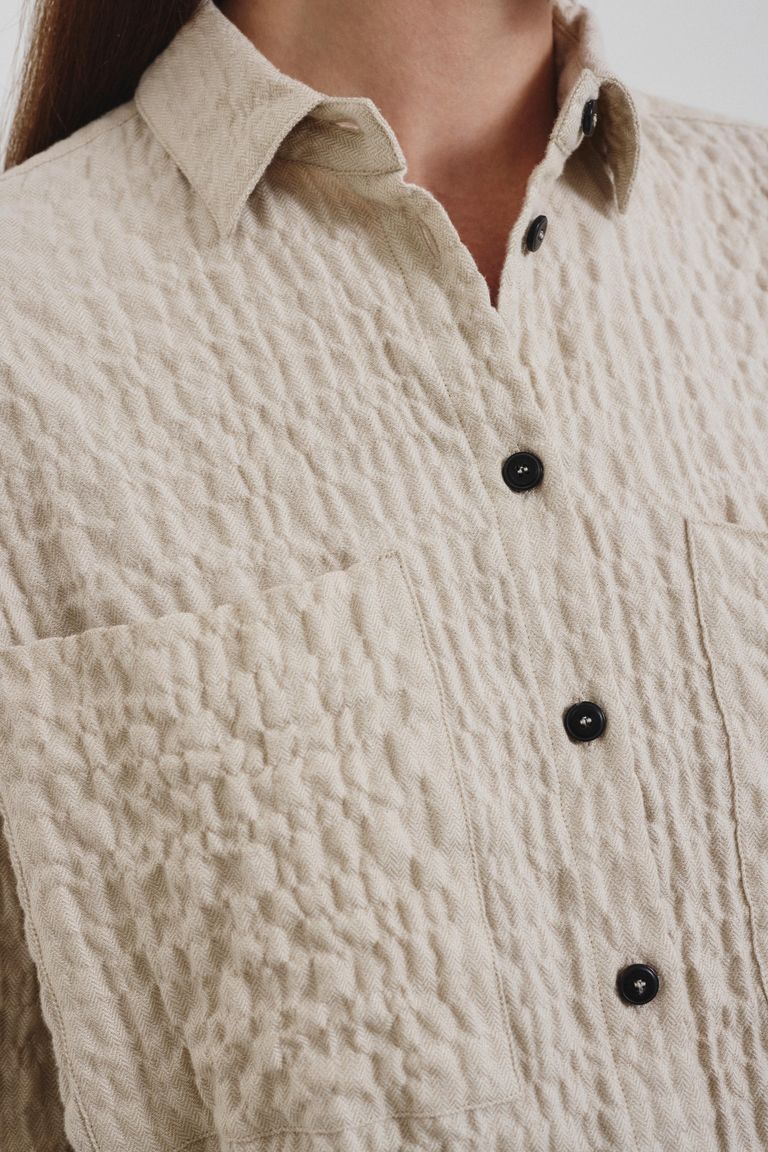 Cotton micro-herringbone embossed overshirt ivory