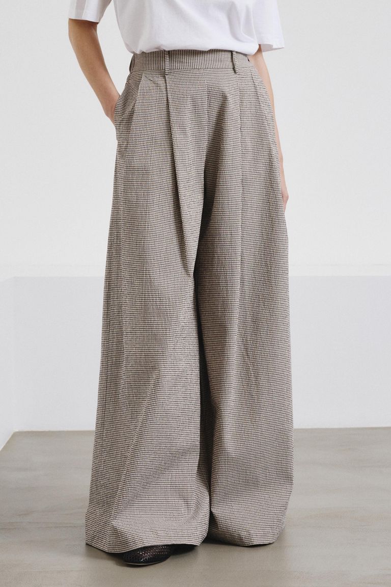 Wide-leg cotton micro-gingham trousers