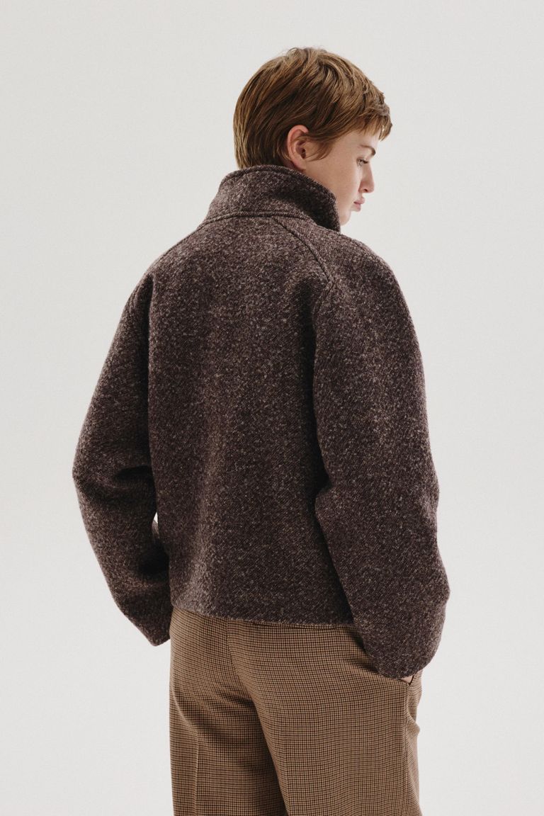 Veste à col haut en drap de laine et coton chiné