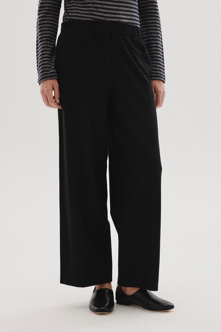 Pantalon à taille élastiquée en gabardine feutrée de coton et laine noir