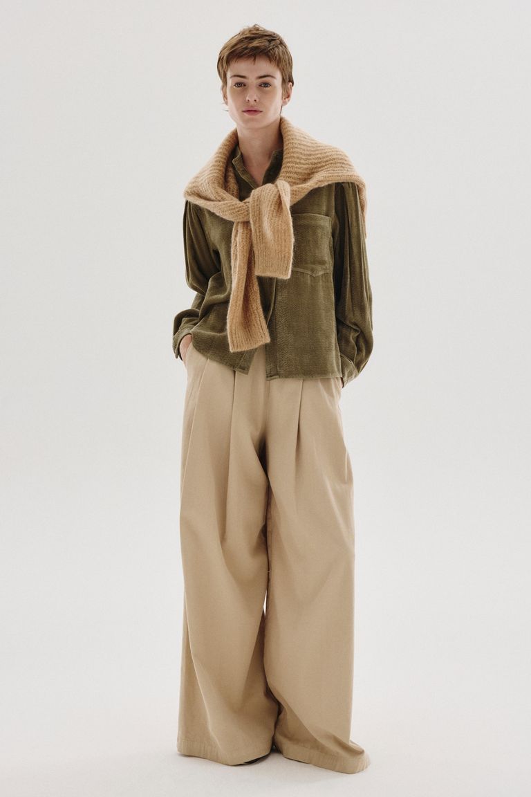 Pantalone ampio in flanella di cotone lana sabbia