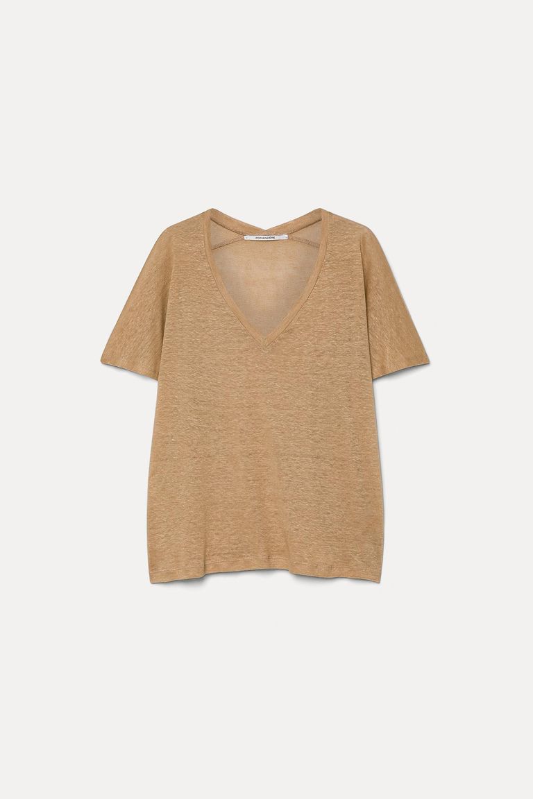 T-shirt à col en V en jersey de lin corde