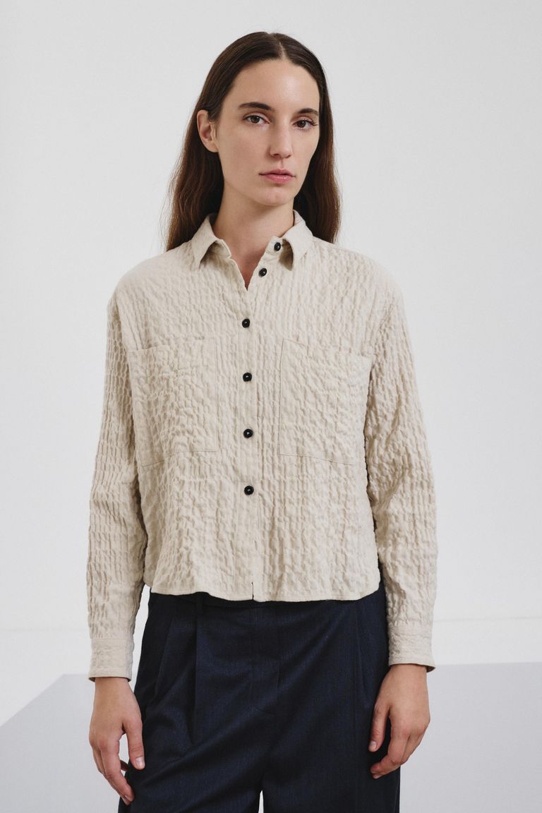 Cotton micro-herringbone embossed overshirt ivory