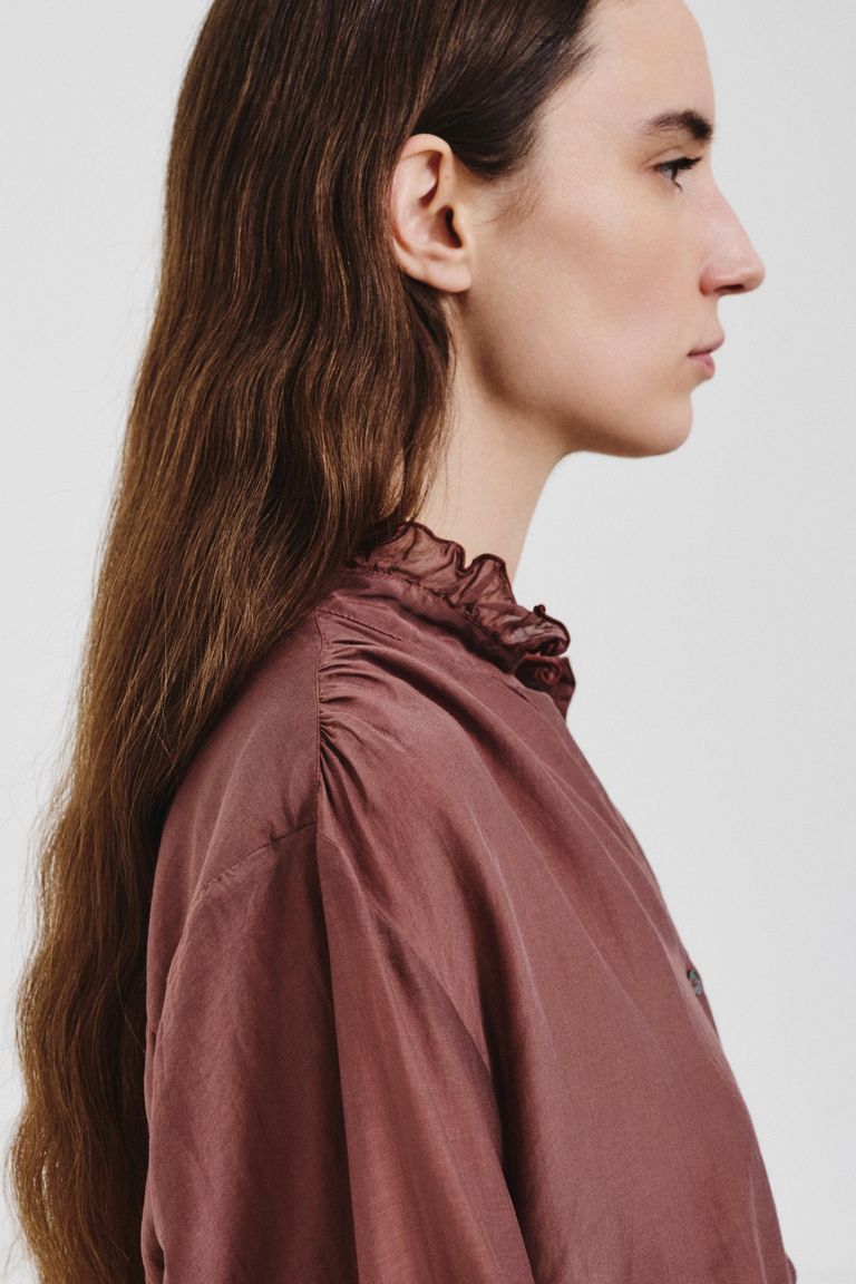 Silk and cotton voile ruffled shirt mauve