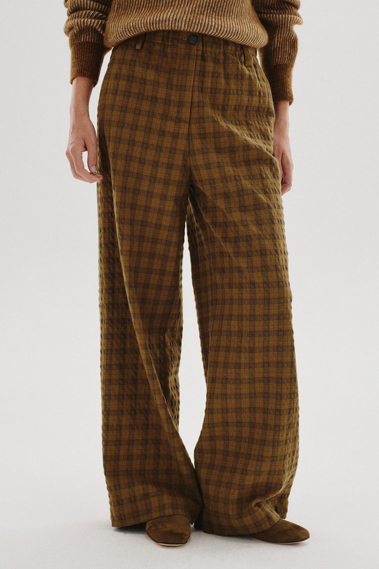 Pantalone in flanella check di cotone e lana mostarda