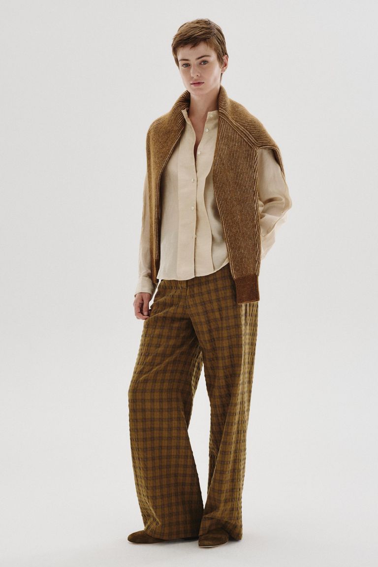 Pantalon en flanelle de coton et laine à carreaux moutarde
