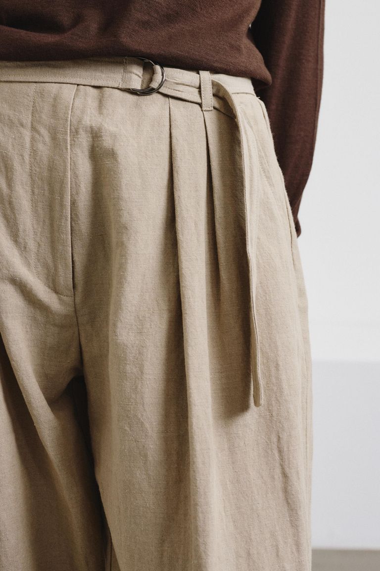 Cotton and linen twill trousers with waist tie