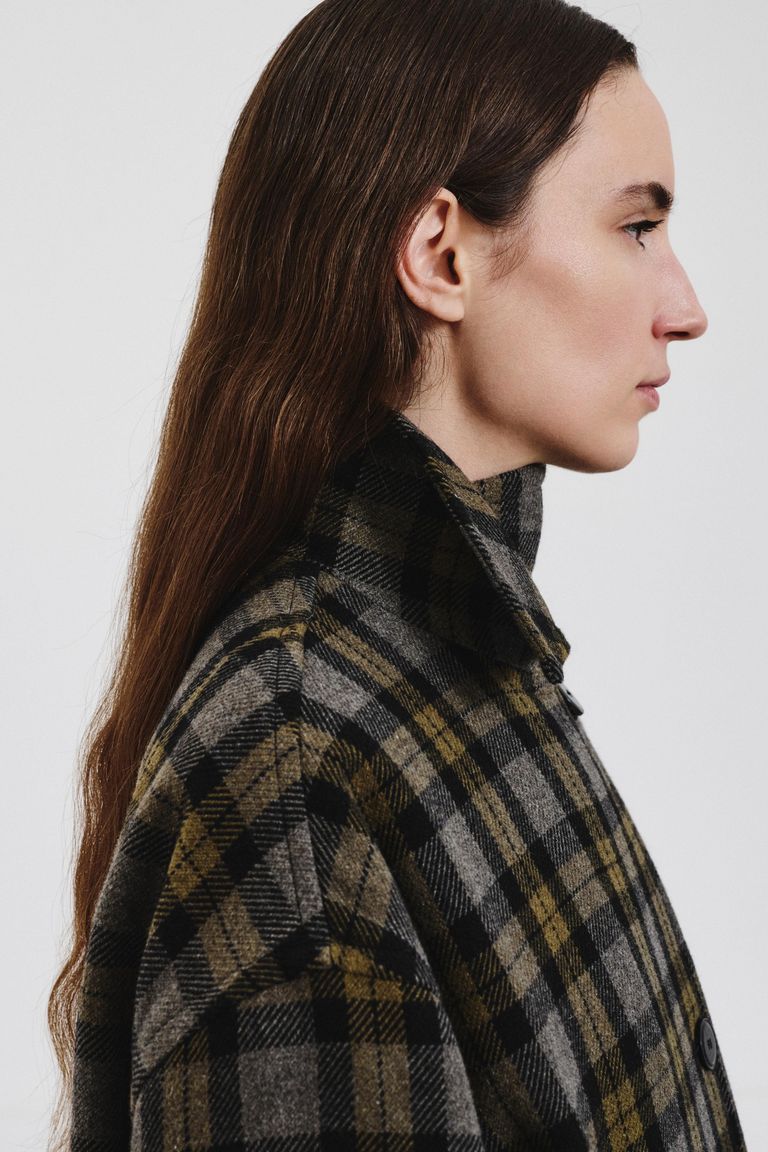 Tartan wool cloth coat military green