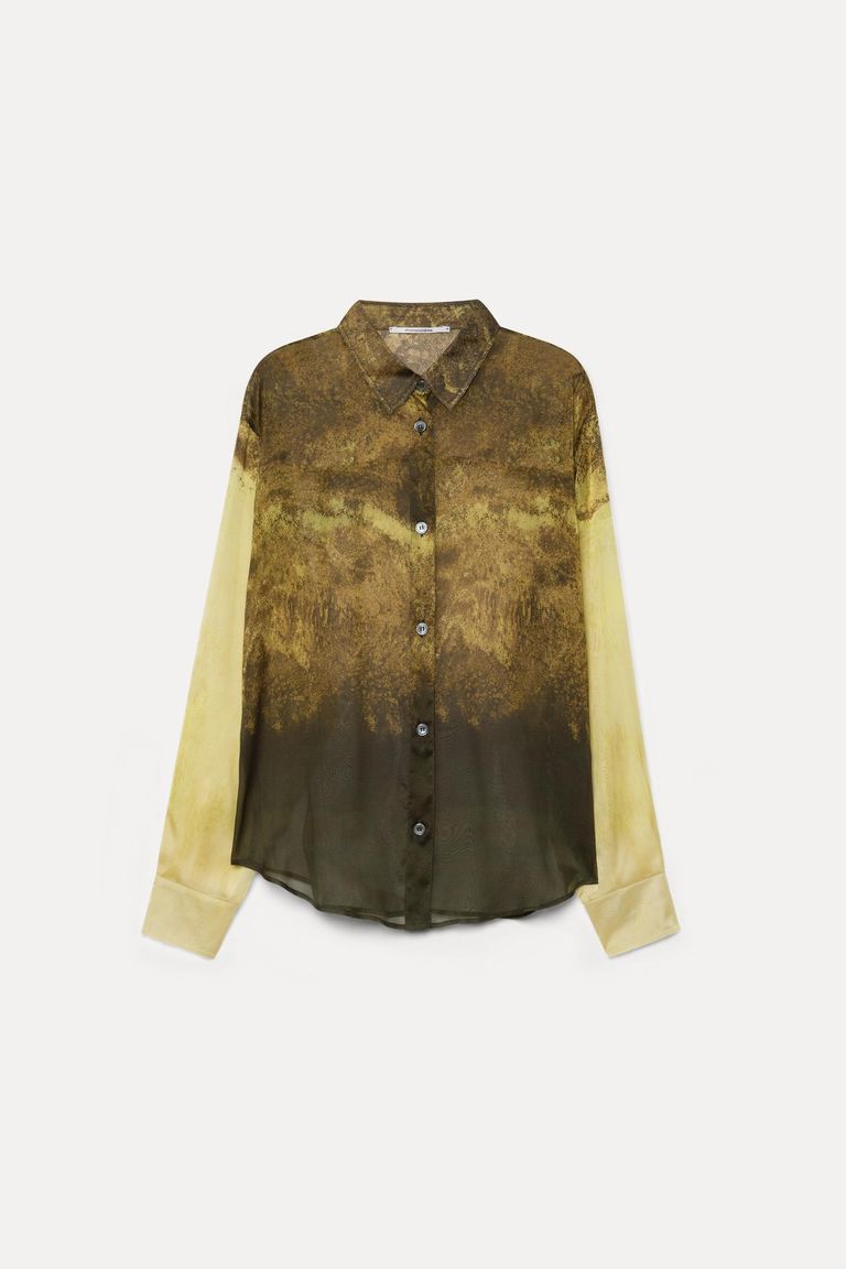 Chemise en georgette de soie imprimée kaki