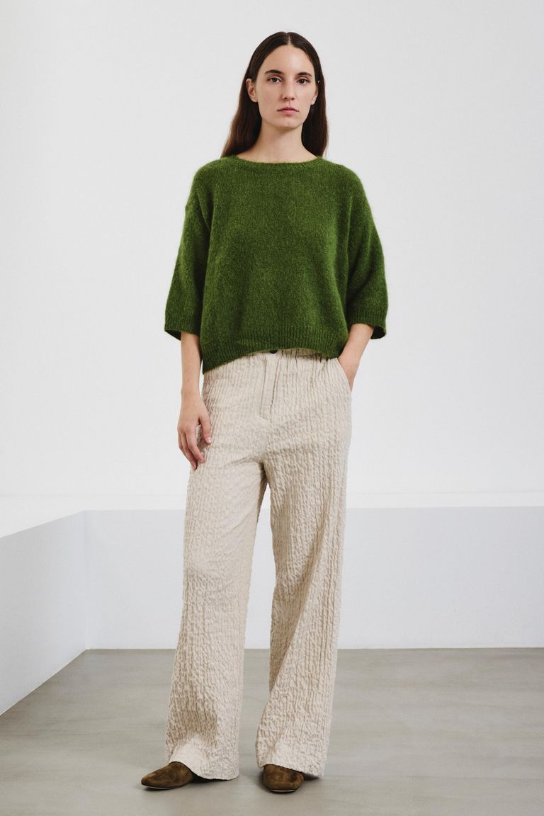Trousers in embossed micro-herringbone cotton ivory