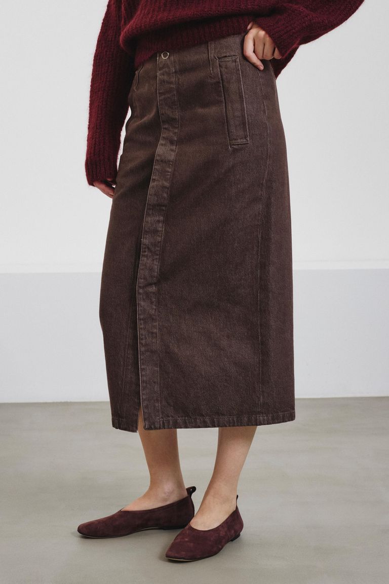 Faded cotton and lyocell bull denim skirt