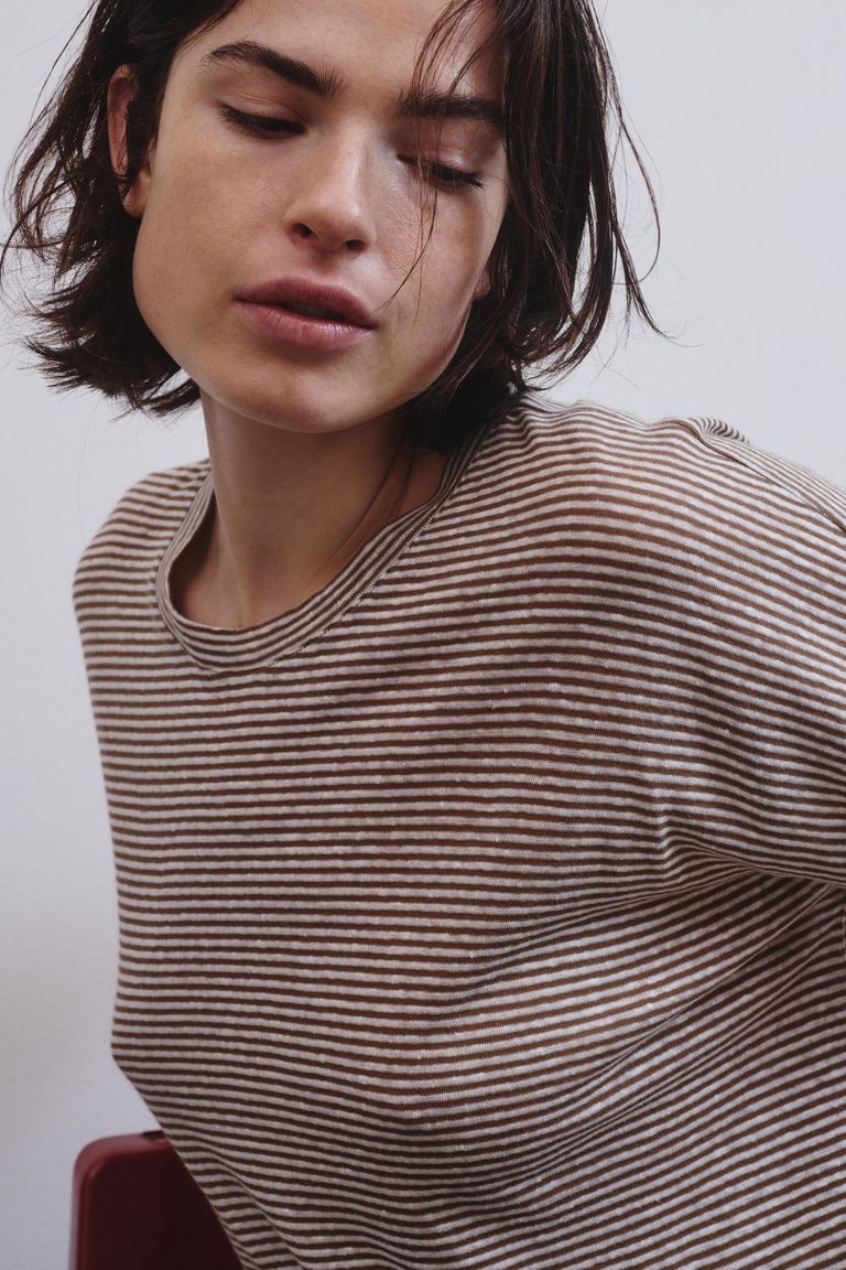 T-shirt oversize en jersey rayé de coton et lin noisette