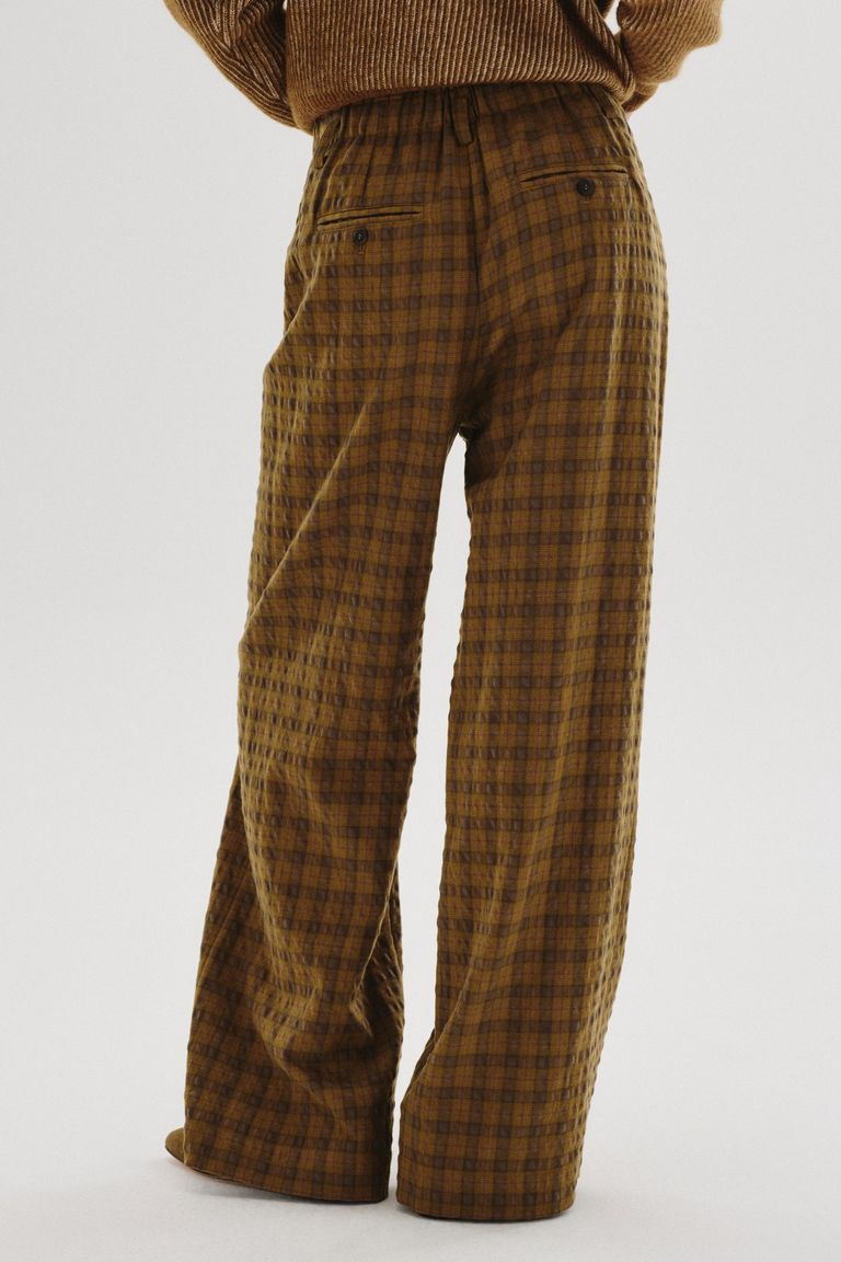 Pantalone in flanella check di cotone e lana mostarda