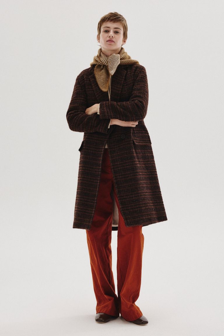 Manteau en drap de laine bouclée rayé
