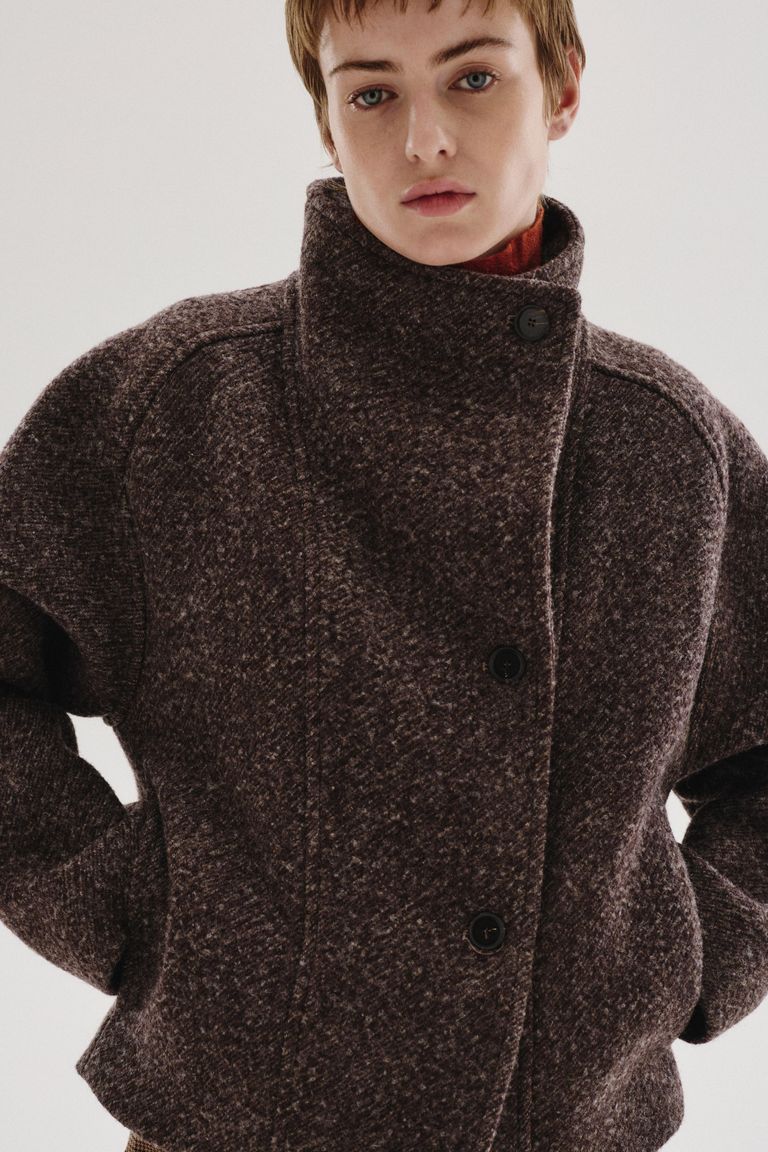 Veste à col haut en drap de laine et coton chiné