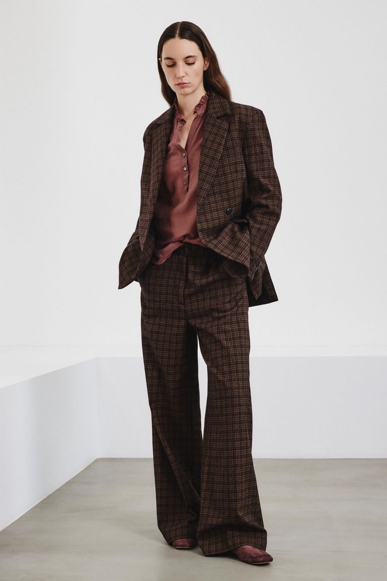 Micro-check cotton-wool flannel trousers burgundy