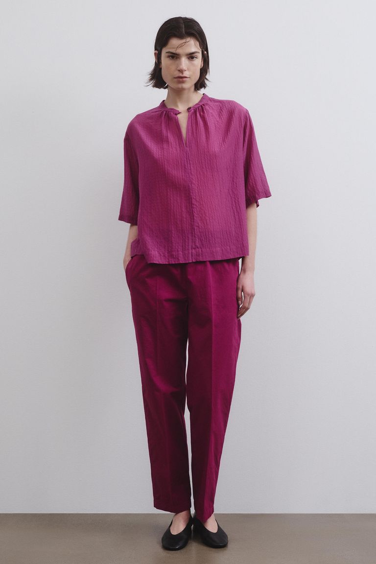 Chemise à manches courtes en voile froissé de coton et soie