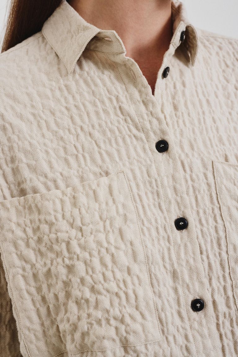 Cotton micro-herringbone embossed overshirt ivory