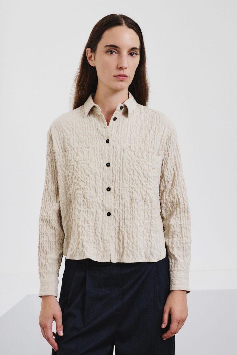 Cotton micro-herringbone embossed overshirt ivory