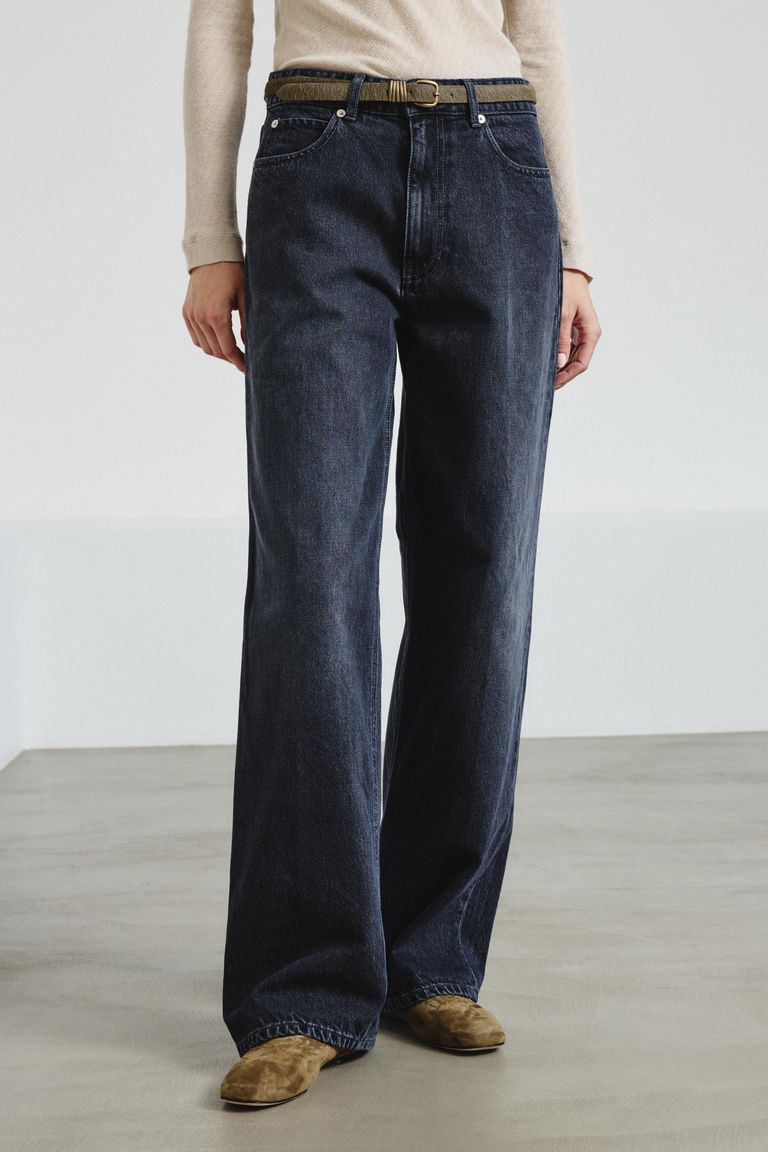 Five-pocket black denim trousers